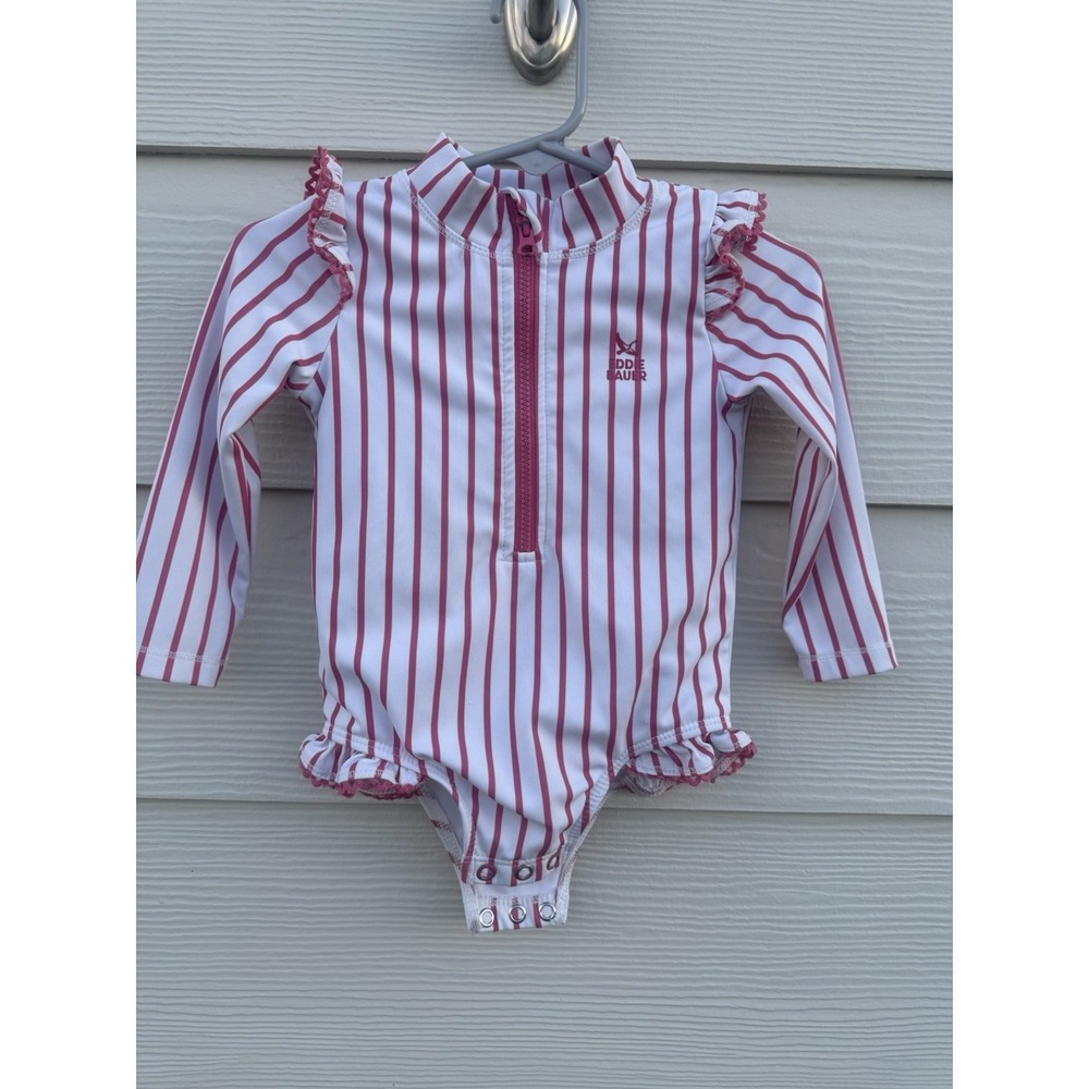 Eddie Bauer Toddler Girls Pink & White Stripped Ruffle Swimsuit Size‎ 12 Months